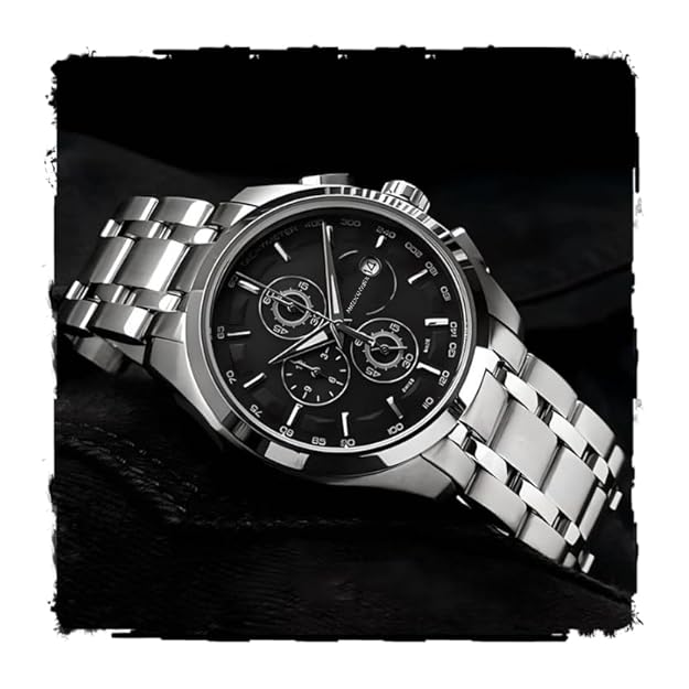 Modern Analog Watch, Silver and Black Two-Tone Stainless Steel Band, White Dial for Men
