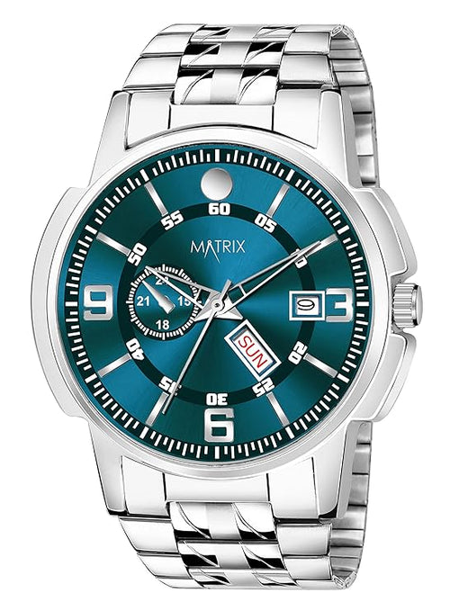 Blue Day & Date Stainless Steel Strap Analog Watch for Men
