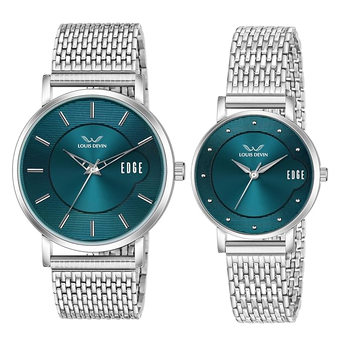 Stainless Steel Chain Analog Wrist Watch for Men and Women (Blue Dial) | Set of 2 Wrist Watches | Couple Watches |